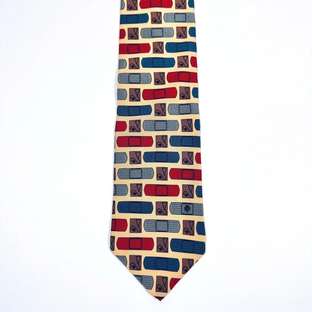 Vicky Davis Tie Silk Necktie Medical Bandage Print Novelty Cream Red Blue Doctor